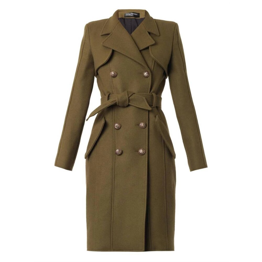 Balmain PF/14 Green Belted Double-Breasted Wool Trench Coat